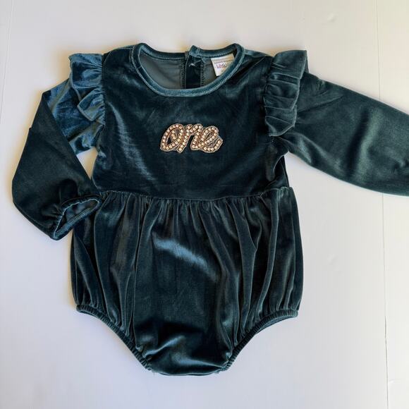 Lily & Max 1st Birthday Baby Girl Green Ruffle Bubble Romper 12-24m - Picture 2 of 12